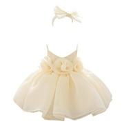 Dresses For Girls Party Princess Dress Sleeveless Solid Color Flower Birthday Party Dress With Headband Toddler Dress Beige 3 Months-6 Months